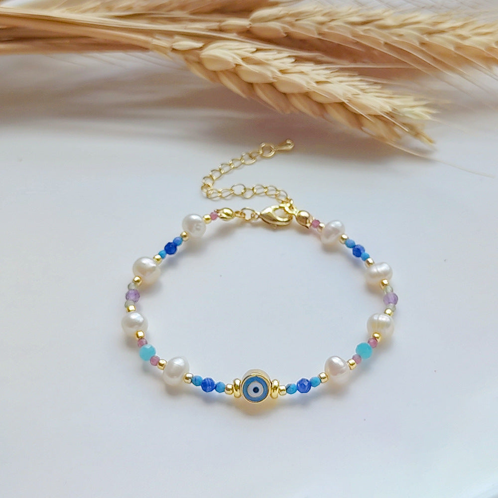 Devil's eye turquoise freshwater pearl 18k gold plated bracelet