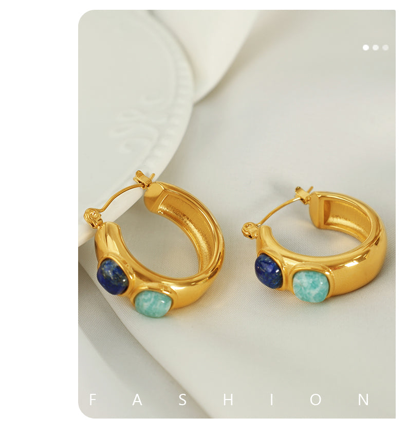 Vintage style round natural stone 18k gold plated hoop earrings