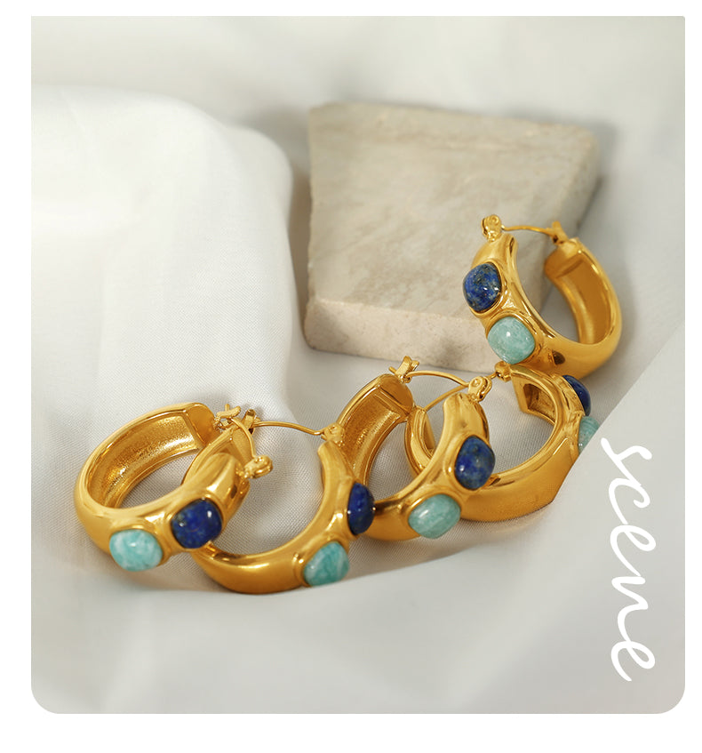 Vintage style round natural stone 18k gold plated hoop earrings