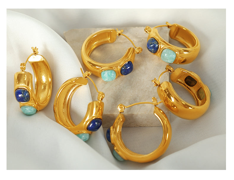Vintage style round natural stone 18k gold plated hoop earrings
