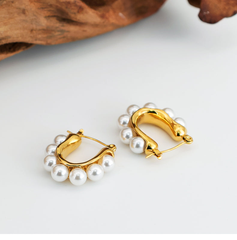 Geometric Inlay Pearl 18K Gold Earrings Ear Studs