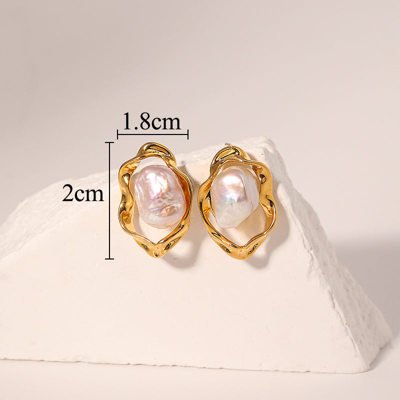 Baroque irregular inlay freshwater pearl 18k gold plated earrings