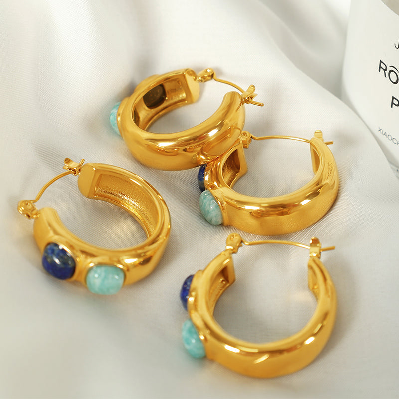 Vintage style round natural stone 18k gold plated hoop earrings