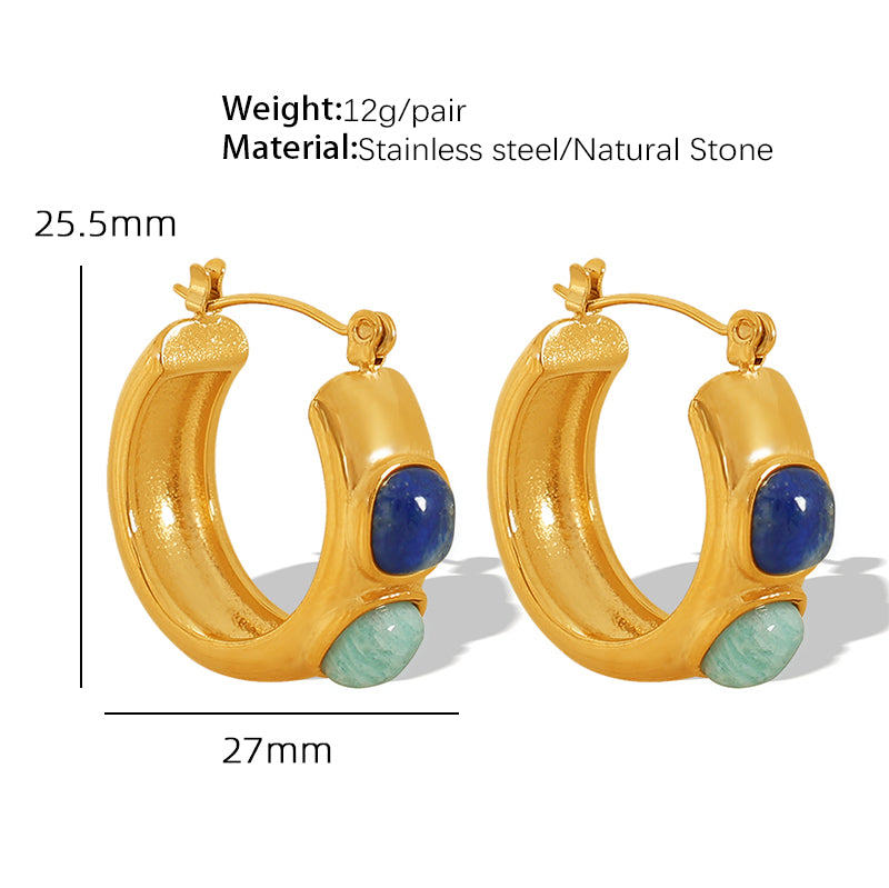 Vintage style round natural stone 18k gold plated hoop earrings
