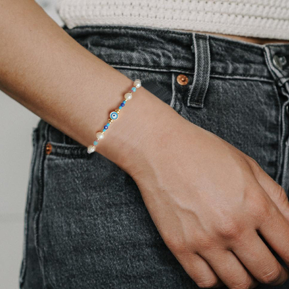 Devil's eye turquoise freshwater pearl 18k gold plated bracelet