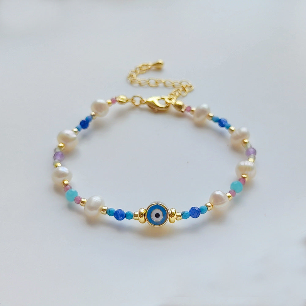 Devil's eye turquoise freshwater pearl 18k gold plated bracelet