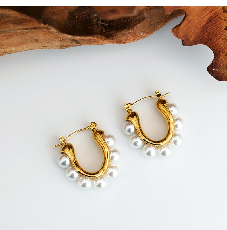 Geometric Inlay Pearl 18K Gold Earrings Ear Studs