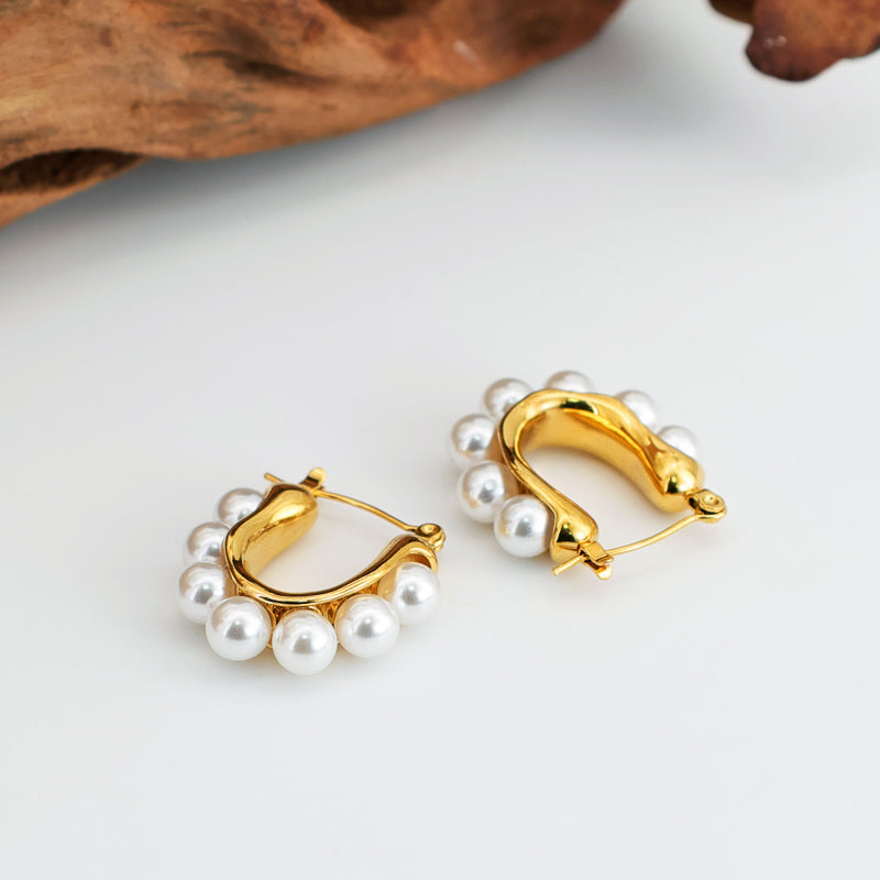 Geometric Inlay Pearl 18K Gold Earrings Ear Studs