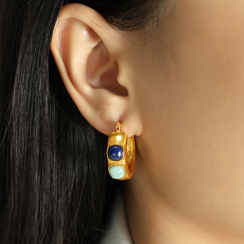 Vintage style round natural stone 18k gold plated hoop earrings