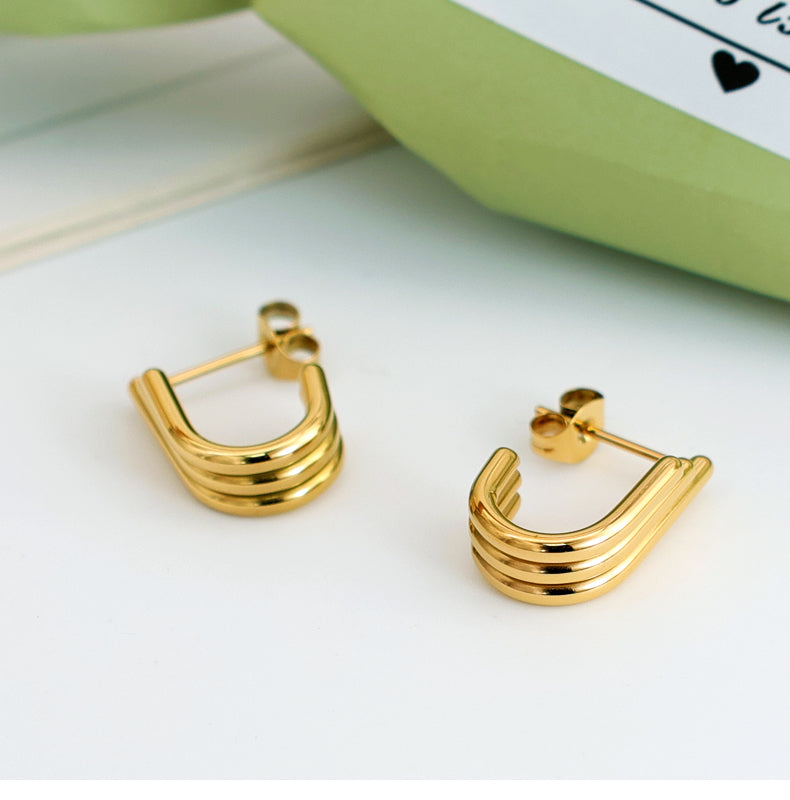 Geometric Inlay Pearl 18K Gold Earrings Ear Studs