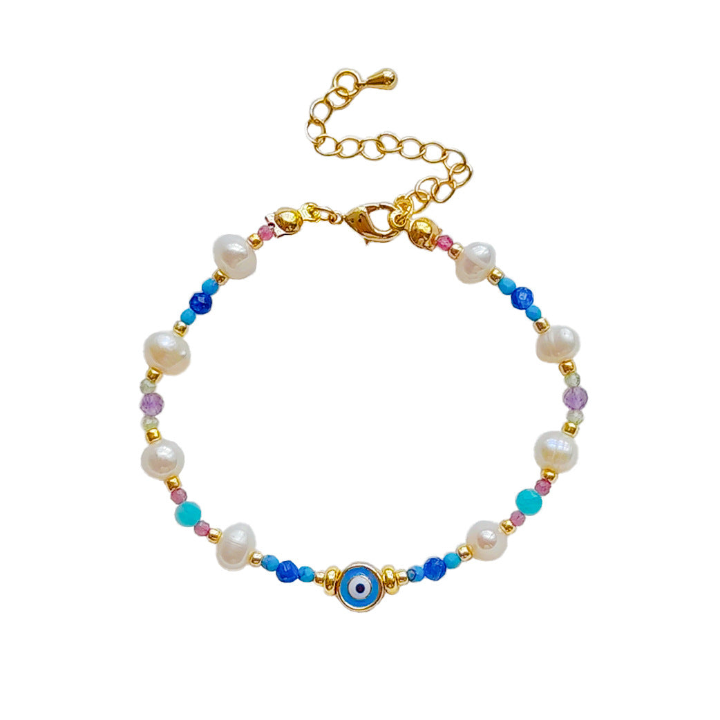 Devil's eye turquoise freshwater pearl 18k gold plated bracelet