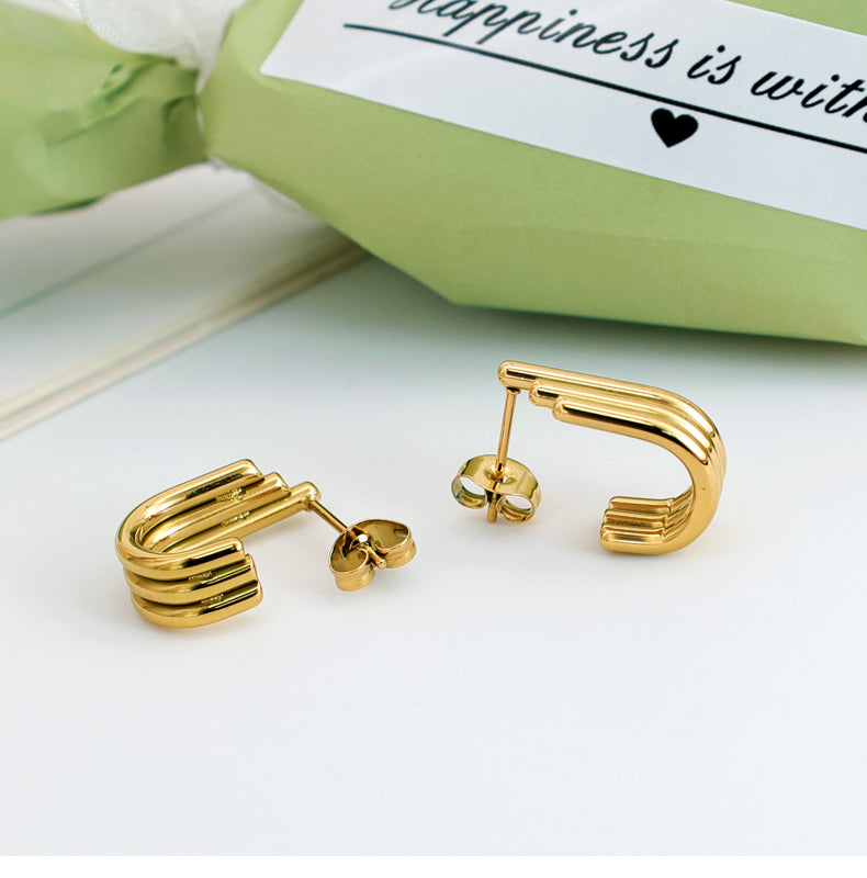 Geometric Inlay Pearl 18K Gold Earrings Ear Studs