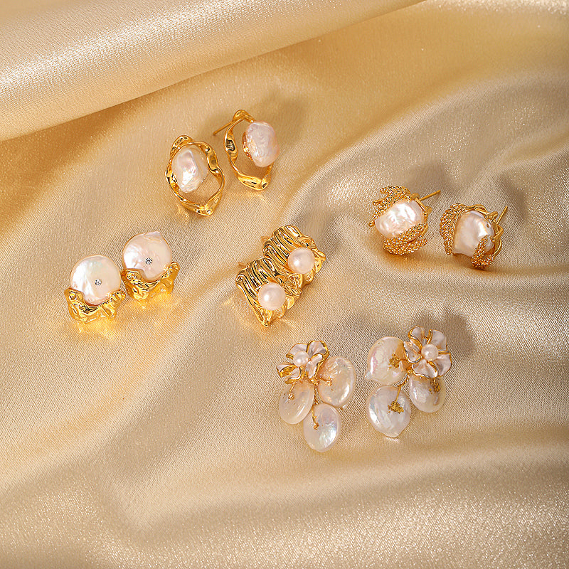 Baroque irregular inlay freshwater pearl 18k gold plated earrings