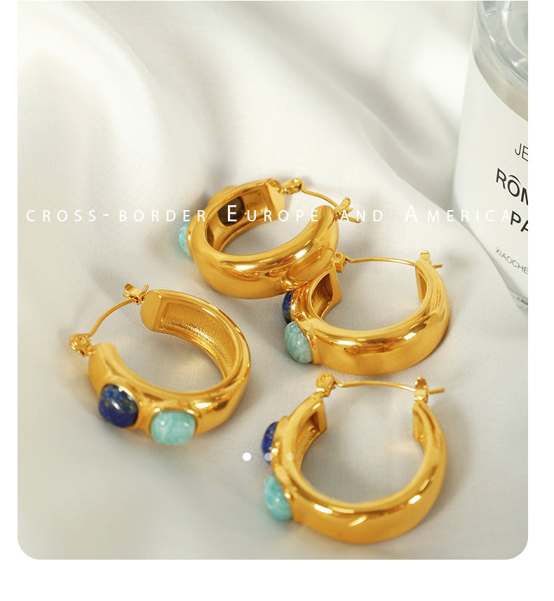 Vintage style round natural stone 18k gold plated hoop earrings
