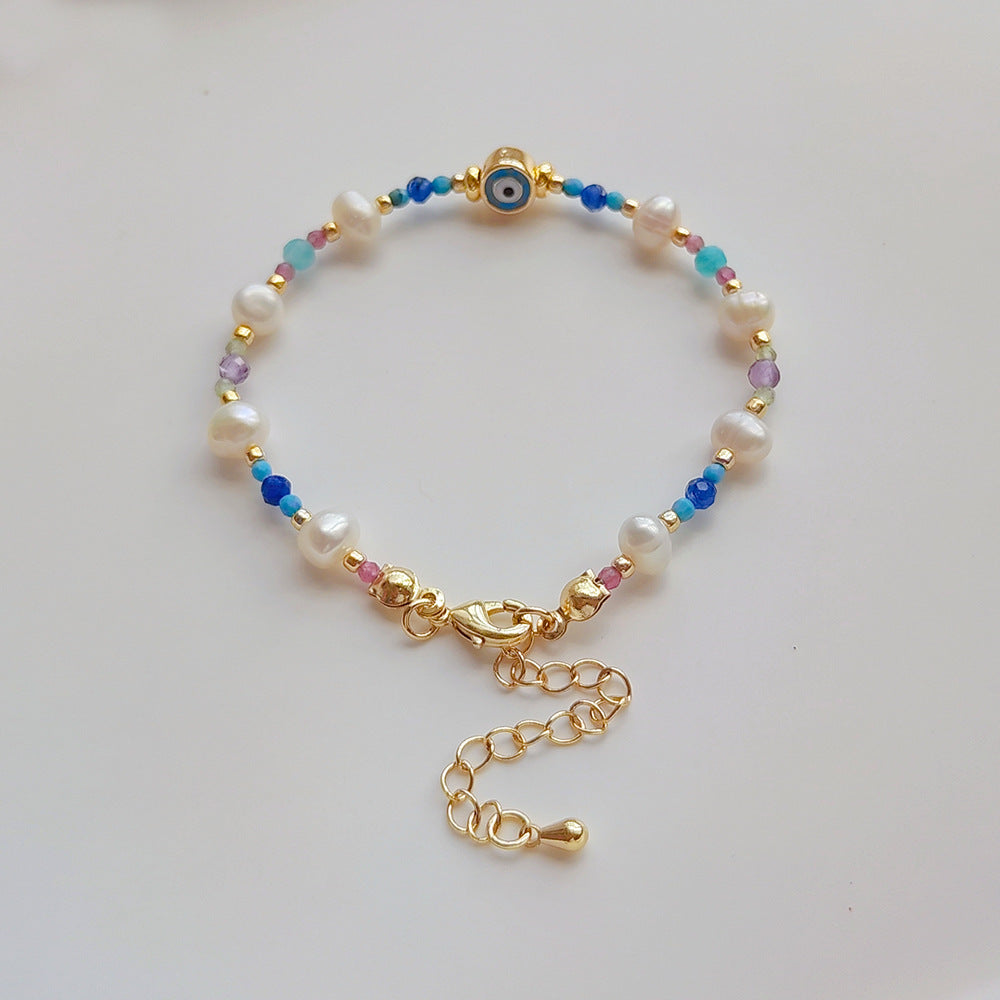 Devil's eye turquoise freshwater pearl 18k gold plated bracelet