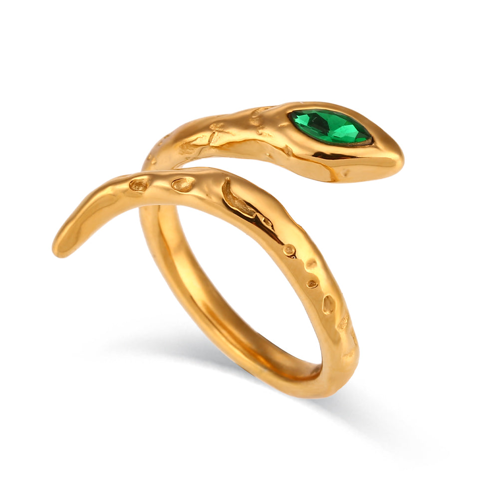 snake 18k gold plated open ring green zircon