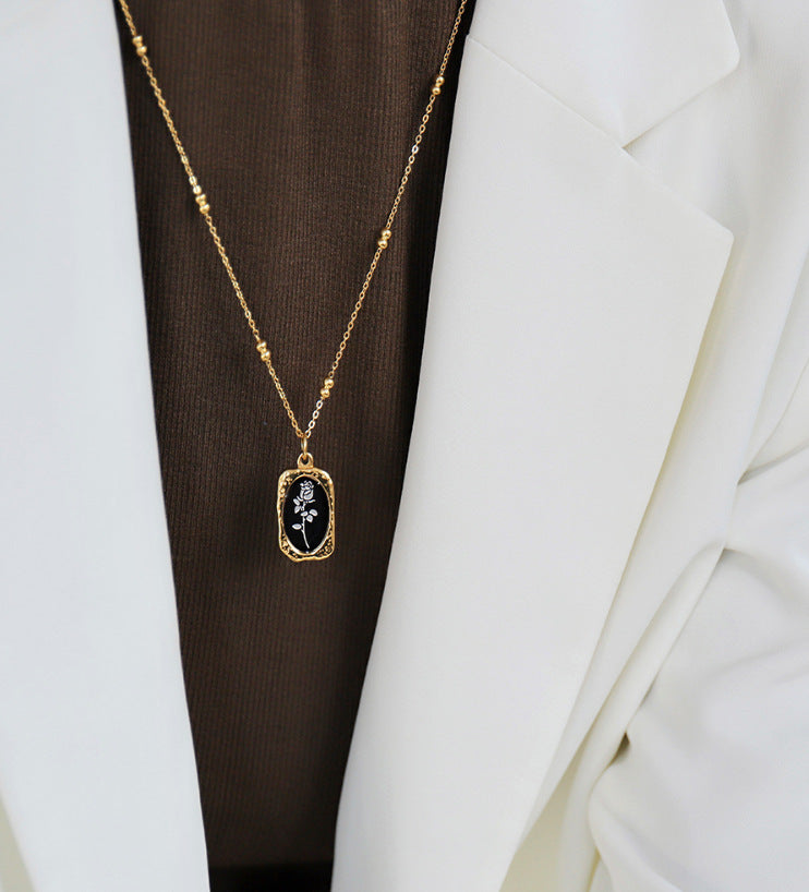 Vintage mirror rose flower titanium gold plated necklace
