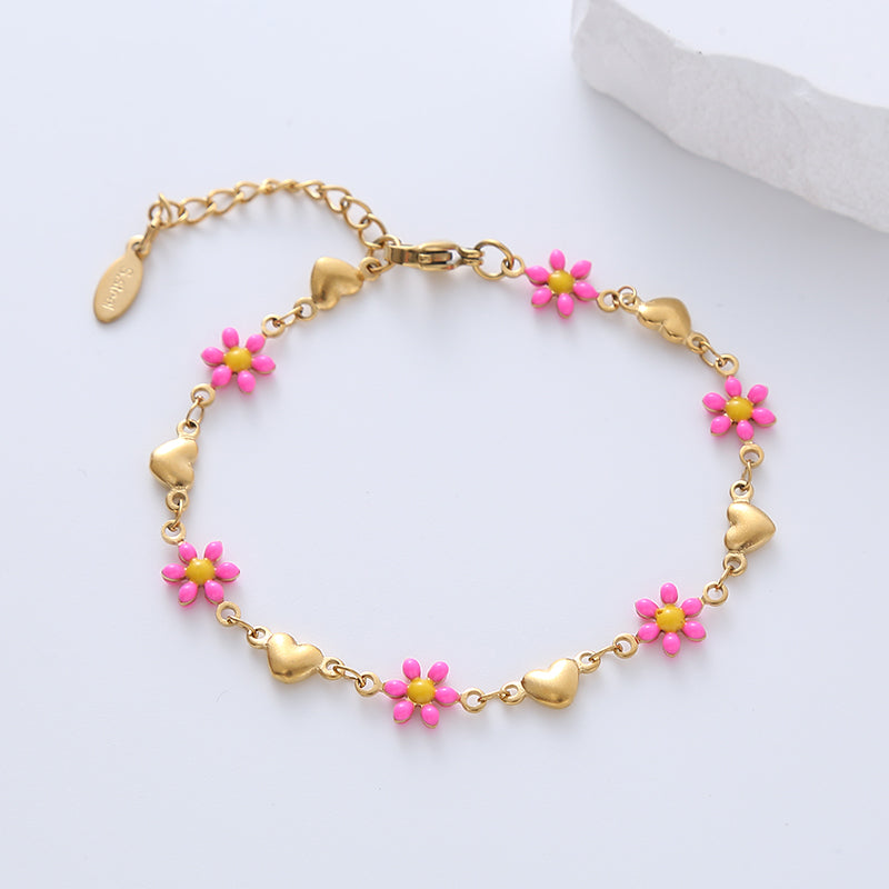 Heart & flower enamel gold plated bracelets