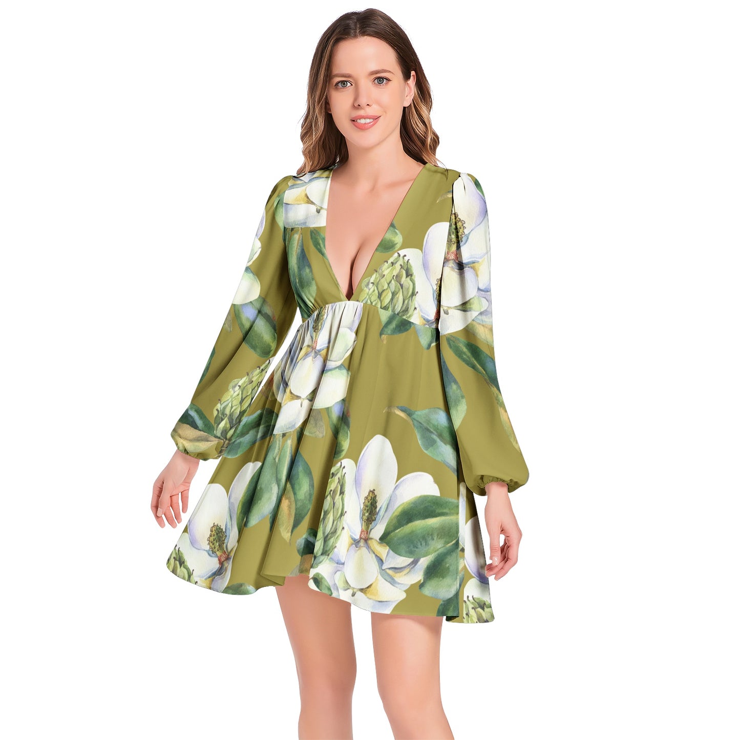 Lantern Sleeve Deep V-Neck Short Dress
