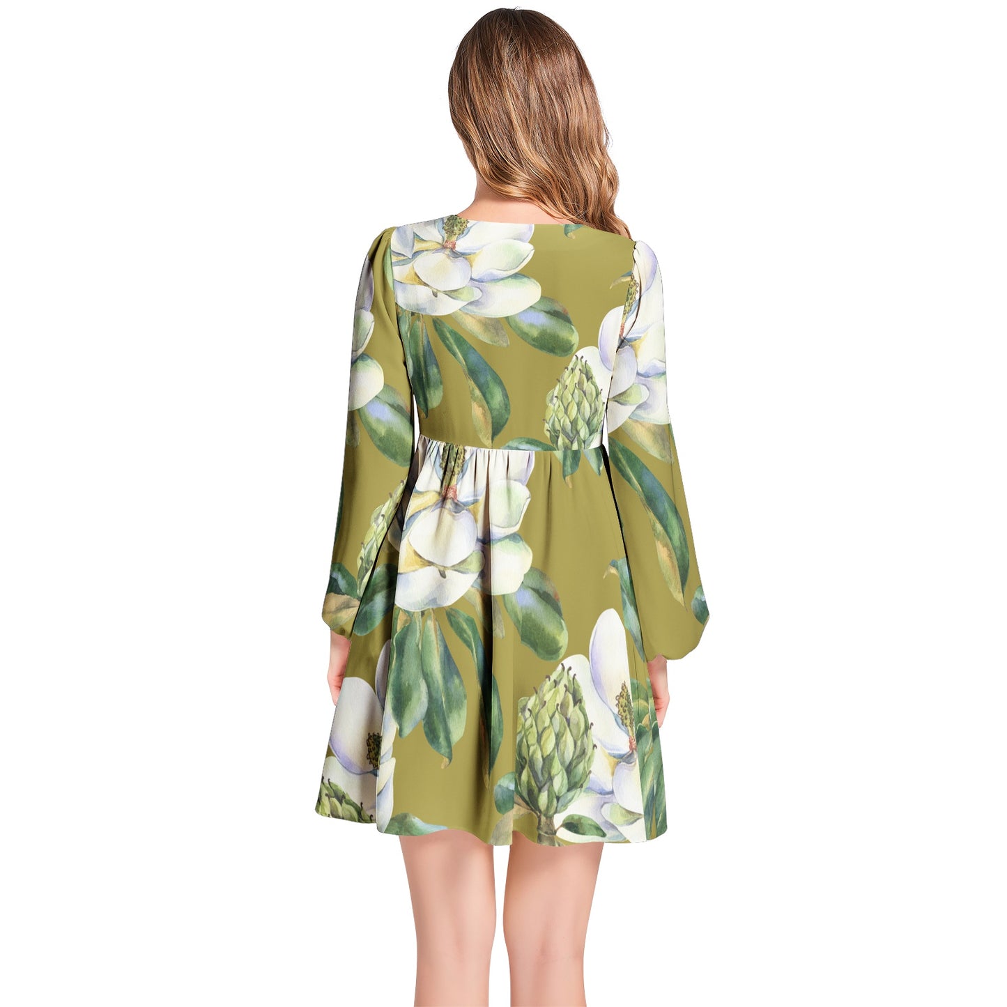 Lantern Sleeve Deep V-Neck Short Dress