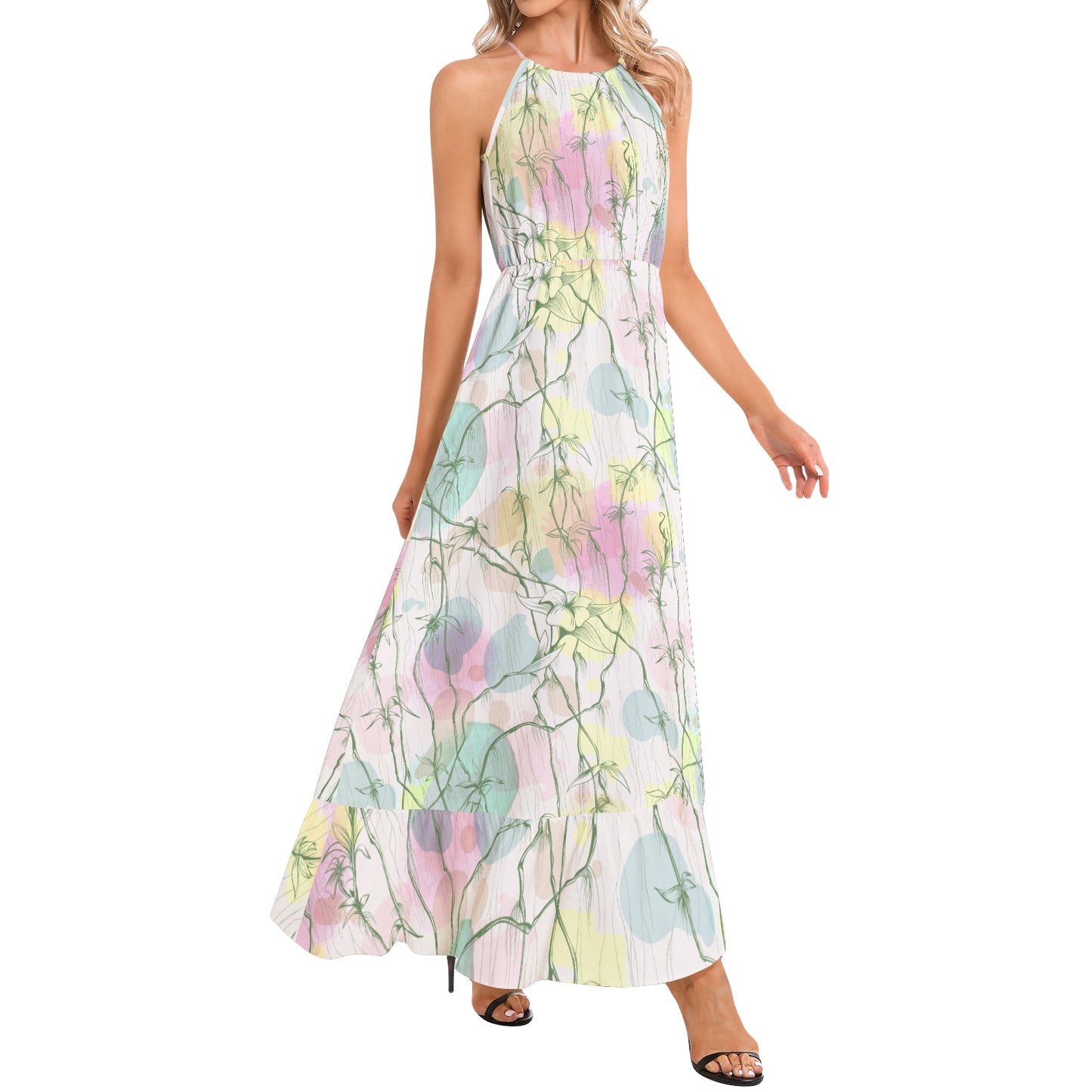 Ruffle Hem Halter Neck Maxi Dress