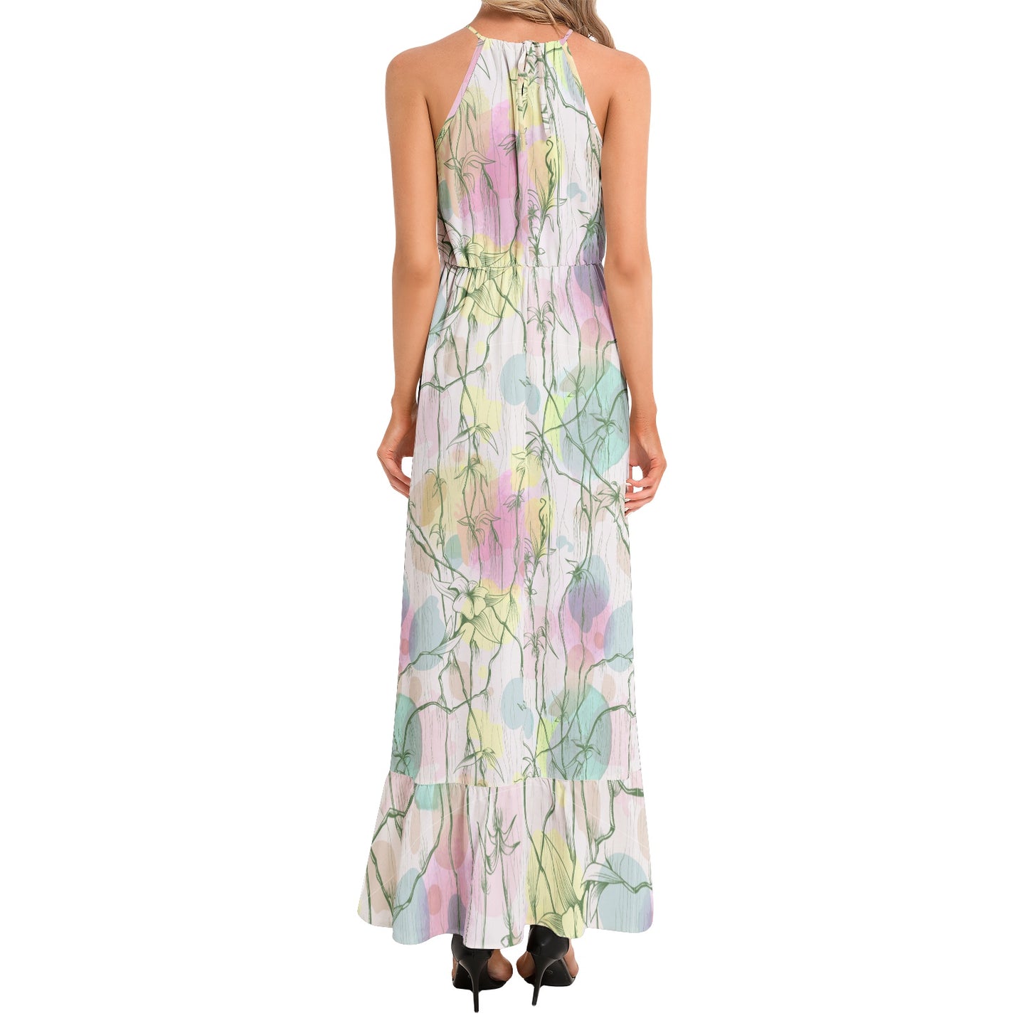 Ruffle Hem Halter Neck Maxi Dress