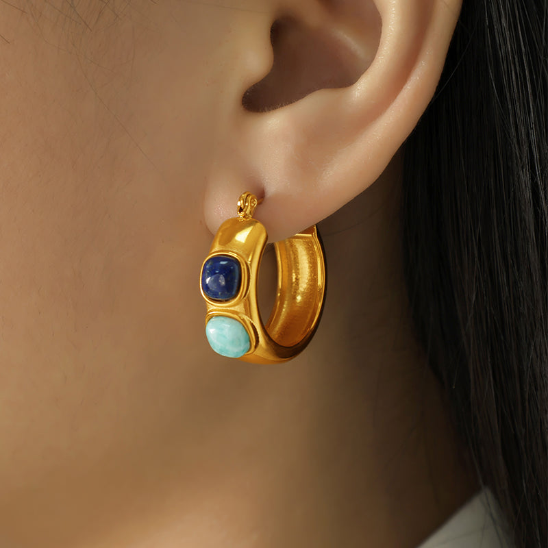Vintage style round natural stone 18k gold plated hoop earrings