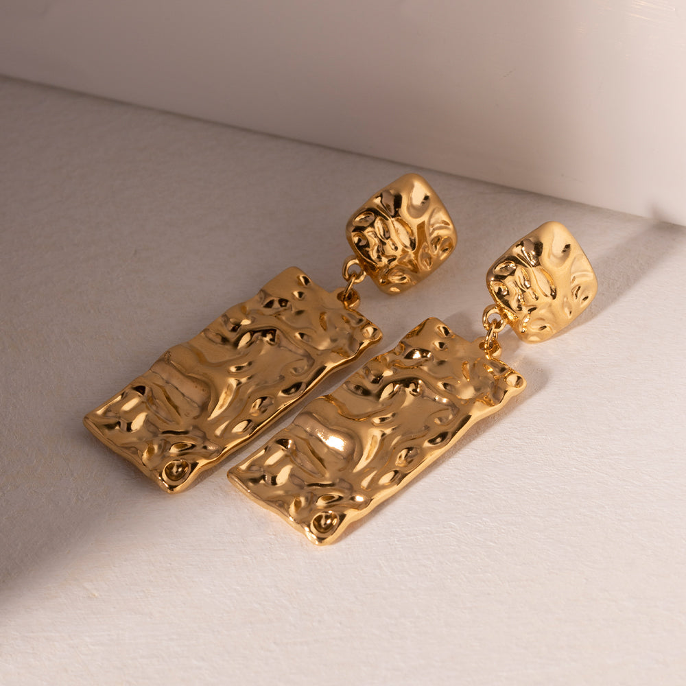 Rectangle pleated 18k gold plated drop earrings