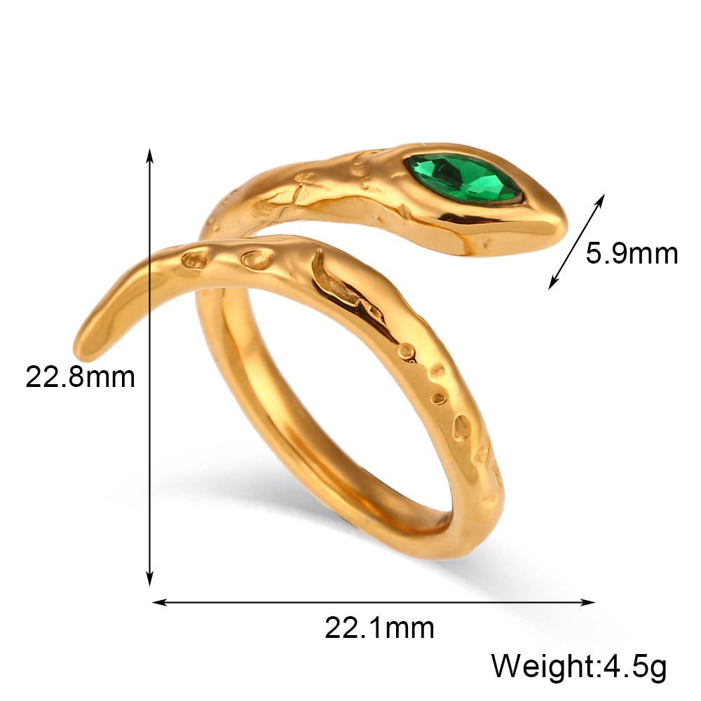 snake 18k gold plated open ring green zircon