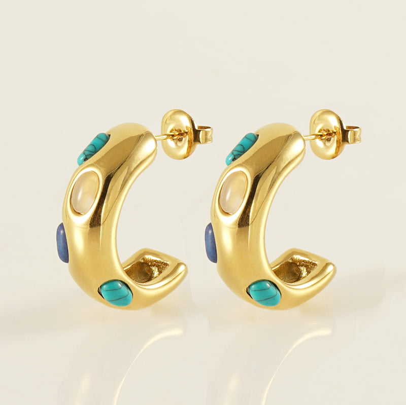 C shape inlay turquoise 18k gold plated ear studs