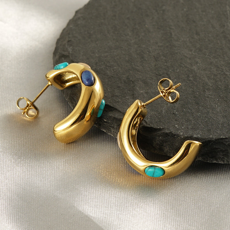 C shape inlay turquoise 18k gold plated ear studs