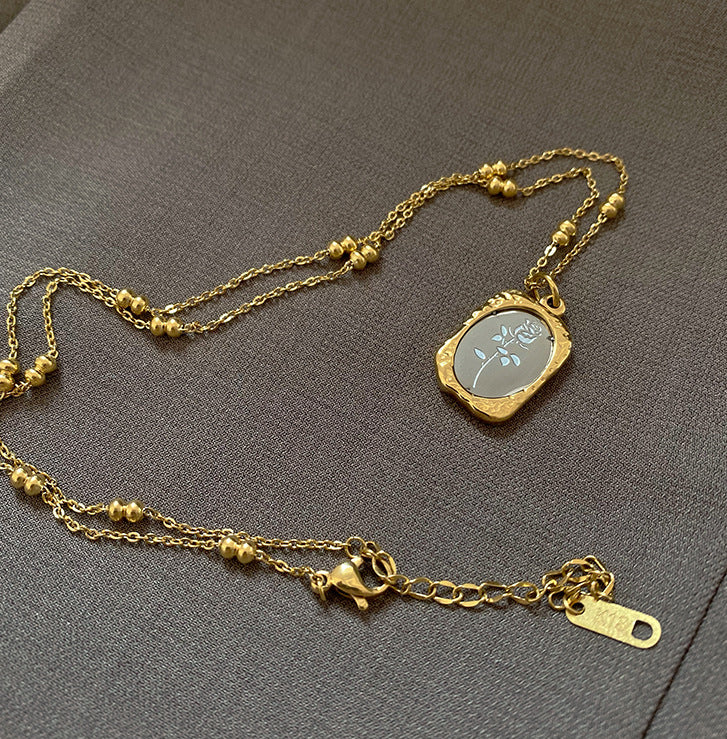 Vintage mirror rose flower titanium gold plated necklace