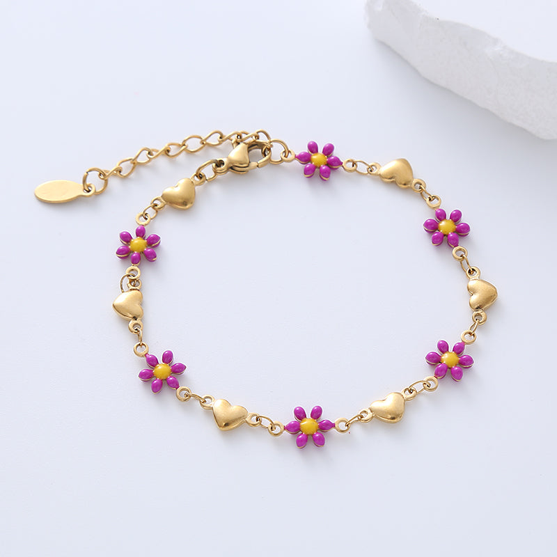 Heart & flower enamel gold plated bracelets
