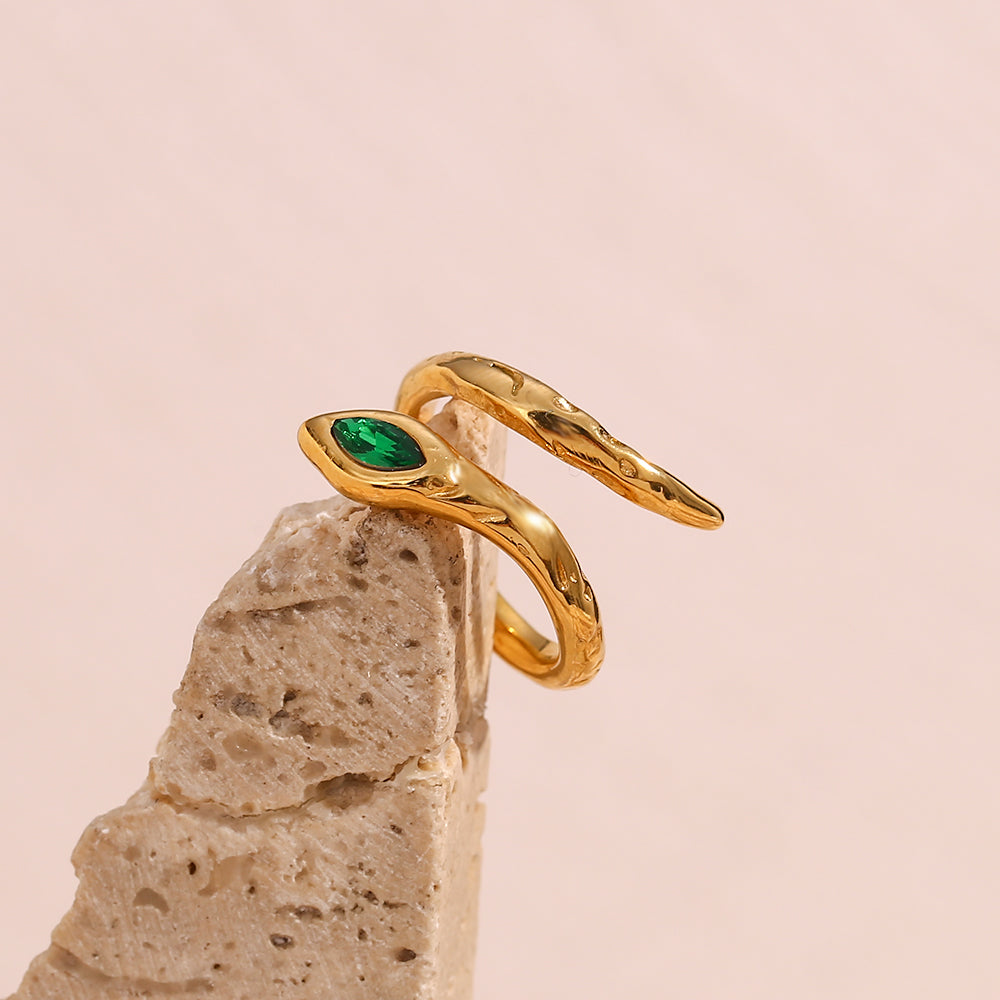 snake 18k gold plated open ring green zircon