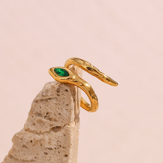 snake 18k gold plated open ring green zircon
