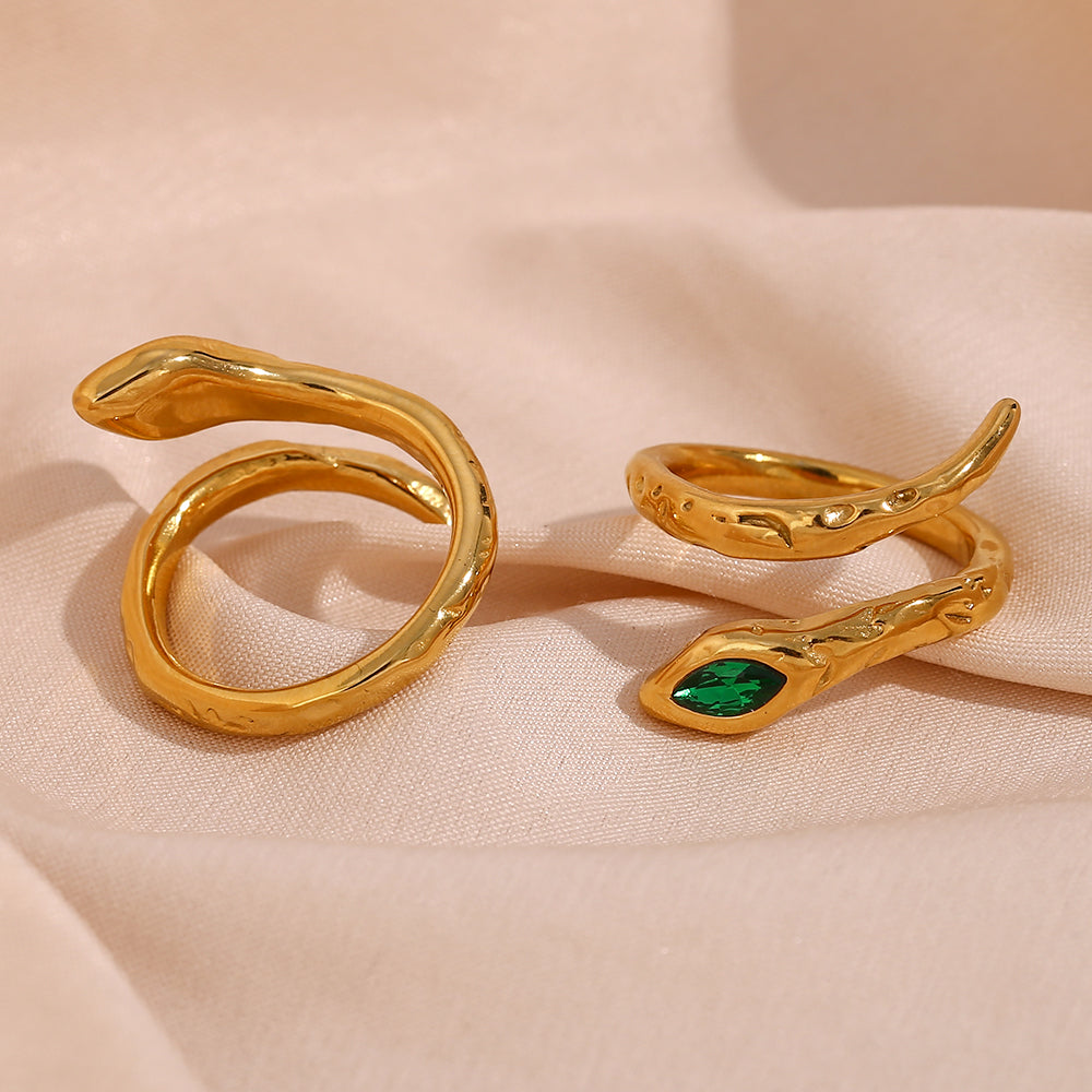 snake 18k gold plated open ring green zircon