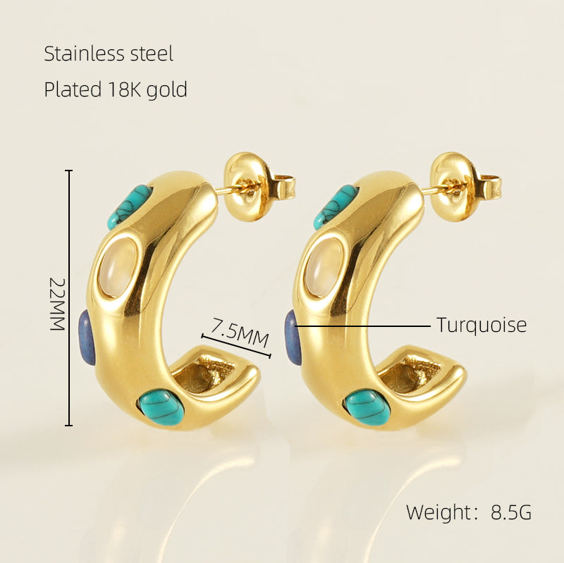 C shape inlay turquoise 18k gold plated ear studs