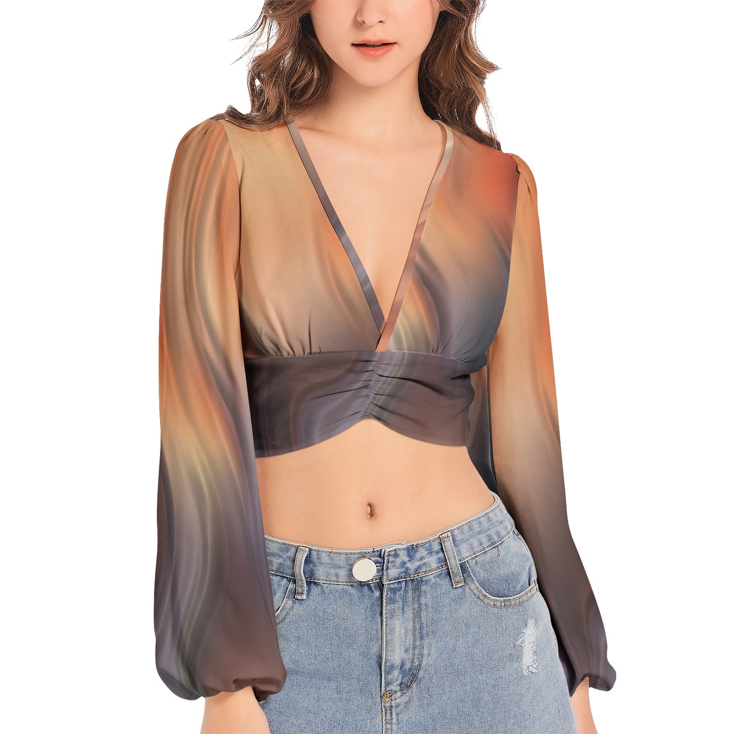 Women's Deep V-Neck Lantern Sleeve Crop Top