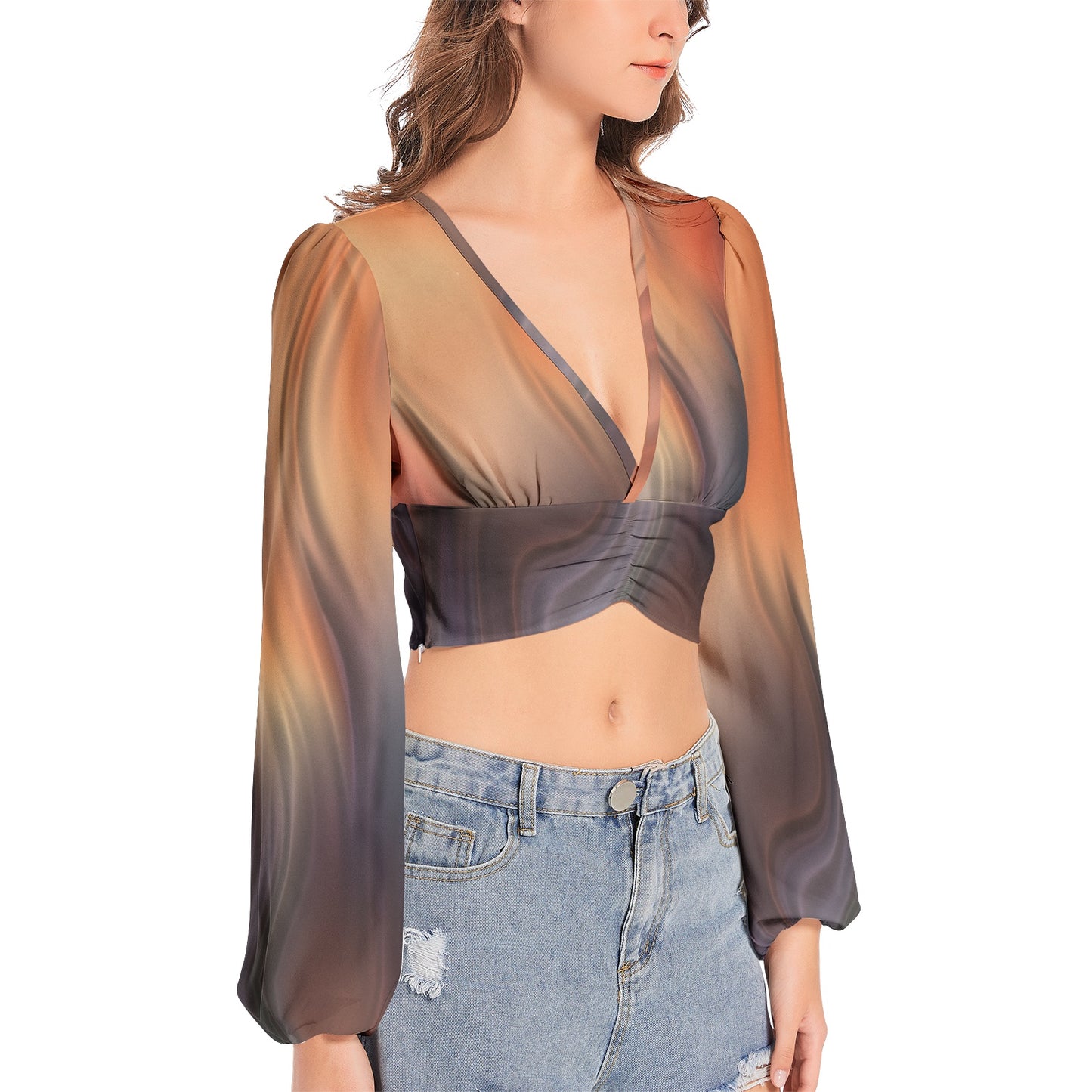 Women's Deep V-Neck Lantern Sleeve Crop Top