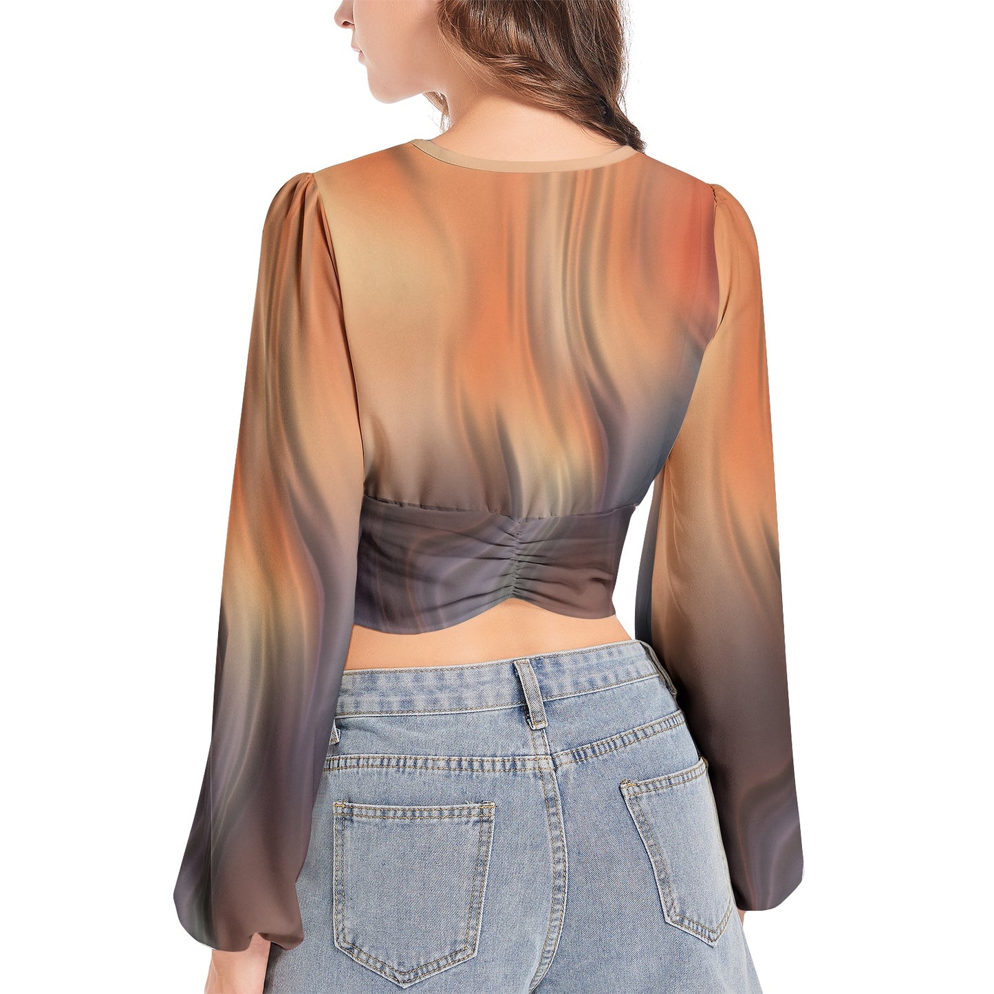 Women's Deep V-Neck Lantern Sleeve Crop Top