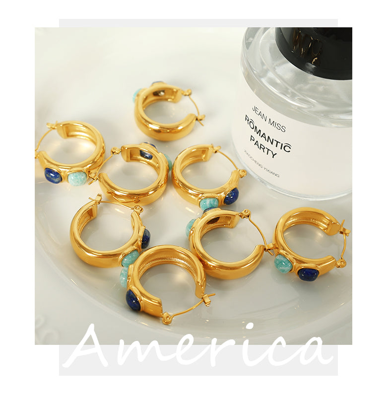 Vintage style round natural stone 18k gold plated hoop earrings