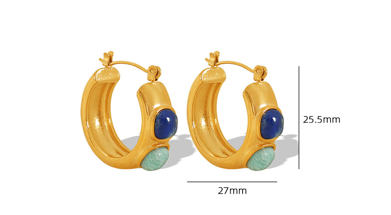 Vintage style round natural stone 18k gold plated hoop earrings