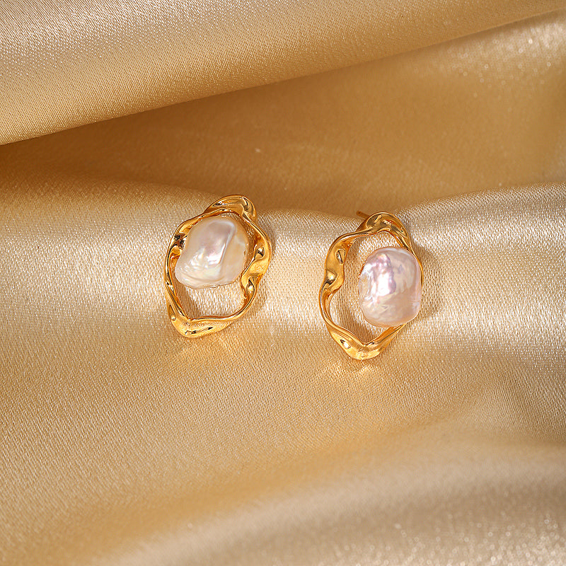Baroque irregular inlay freshwater pearl 18k gold plated earrings