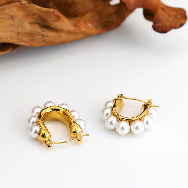 Geometric Inlay Pearl 18K Gold Earrings Ear Studs