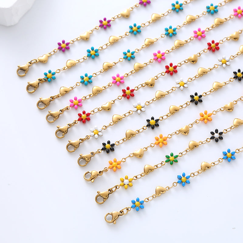 Heart & flower enamel gold plated bracelets