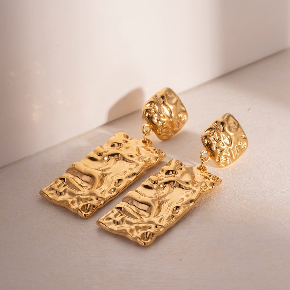 Rectangle pleated 18k gold plated drop earrings