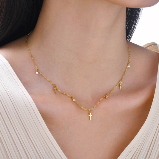 Cross four leaf clover lightning inlay zircon 18k gold plated necklace