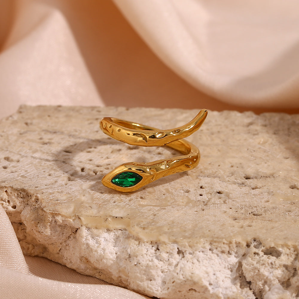 snake 18k gold plated open ring green zircon