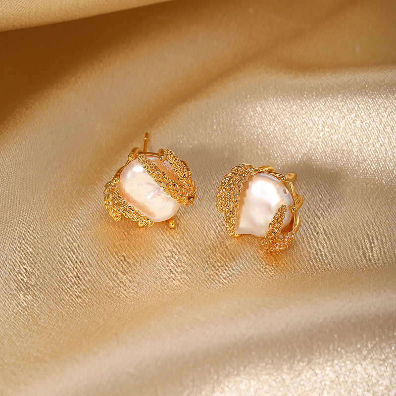Baroque irregular inlay freshwater pearl 18k gold plated earrings