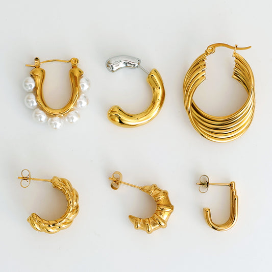 Geometric Inlay Pearl 18K Gold Earrings Ear Studs